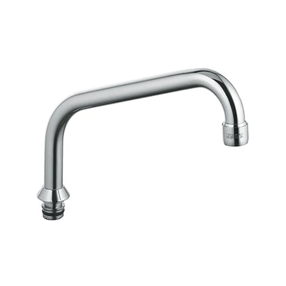 Chromfarbener Auslauf von Kludi mit einer gebogenen Form, geeignet als Ersatzteil für Sanitärinstallationen. Er hat Gewindeanschlüsse an beiden Enden.